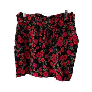 Express Black & Red Floral Ruffle Trim Belted Mini Skirt